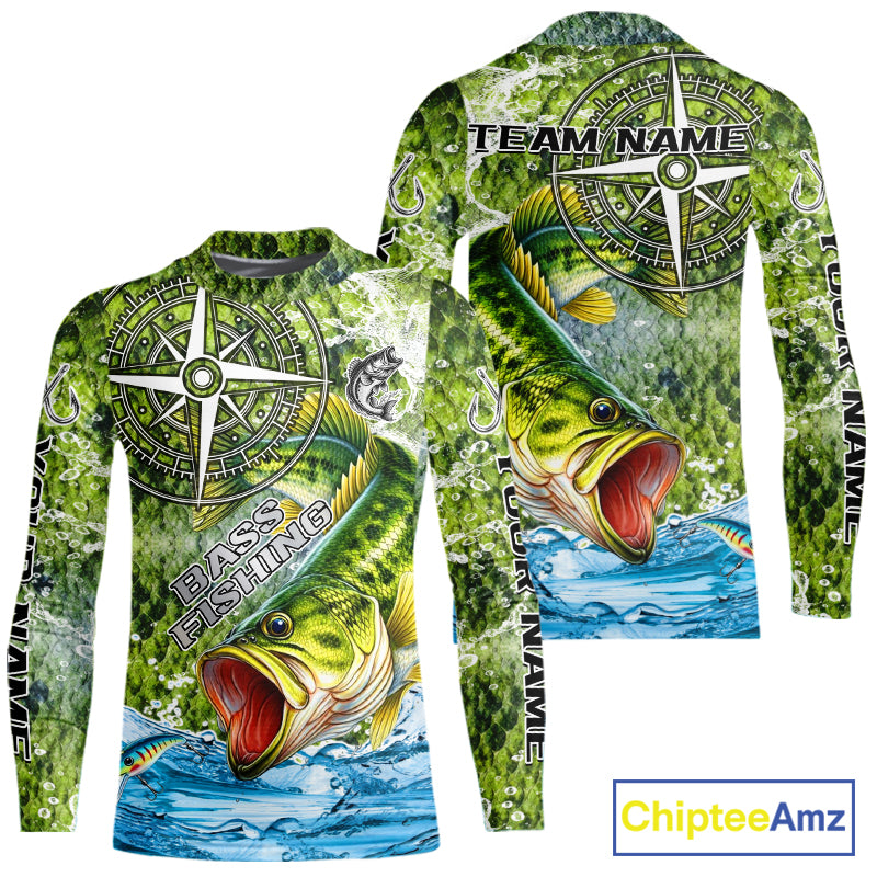 Personalized Largemouth Bass Fishing Shirts Green Scales Compass Performance Tournament Bass Jerseys NQS11440