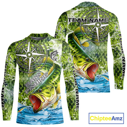 Personalized Largemouth Bass Fishing Shirts Green Scales Compass Performance Tournament Bass Jerseys NQS11440