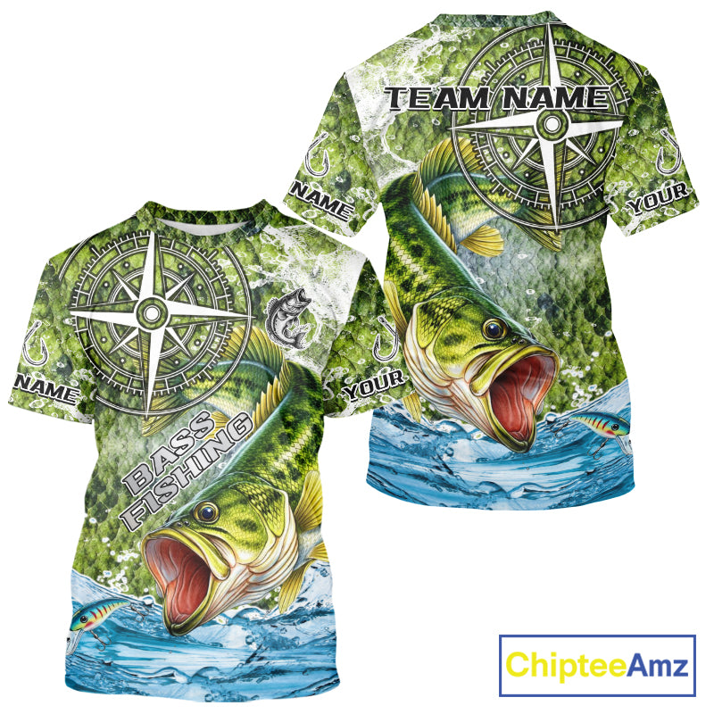 Personalized Largemouth Bass Fishing Shirts Green Scales Compass Performance Tournament Bass Jerseys NQS11440