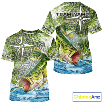 Personalized Largemouth Bass Fishing Shirts Green Scales Compass Performance Tournament Bass Jerseys NQS11440