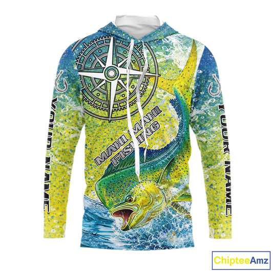 Personalized Mahi Mahi Fishing Shirts Green Scales Compass Performance Tournament Mahi Mahi Jerseys NQS11441