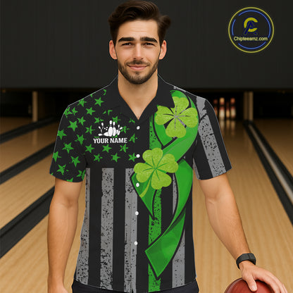 Custom Black Grunge US Flag Patriotic Bowling Button-up Shirt Green Shamrock St Patrick Team Jersey NQS11447