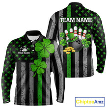 Load image into Gallery viewer, Custom Black Grunge US Flag Patriotic Bowling Shirt For Men Green Shamrock St Patrick Team Jersey NQS11447