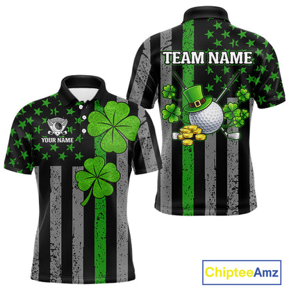 Custom Black Grunge US Flag Patriotic Golf Polo shirts for Men Green Shamrock St Patrick Team Jersey NQS11448