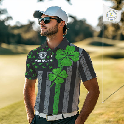 Custom Black Grunge US Flag Patriotic Golf Polo shirts for Men Green Shamrock St Patrick Team Jersey NQS11448