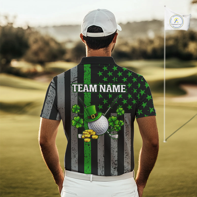 Custom Black Grunge US Flag Patriotic Golf Polo shirts for Men Green Shamrock St Patrick Team Jersey NQS11448