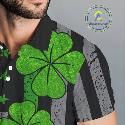 Custom Black Grunge US Flag Patriotic Golf Polo shirts for Men Green Shamrock St Patrick Team Jersey NQS11448
