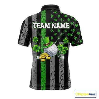 Custom Black Grunge US Flag Patriotic Golf Polo shirts for Men Green Shamrock St Patrick Team Jersey NQS11448
