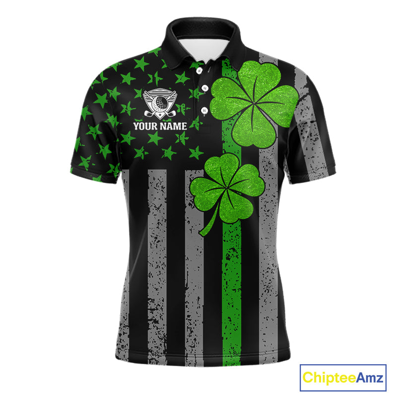 Custom Black Grunge US Flag Patriotic Golf Polo shirts for Men Green Shamrock St Patrick Team Jersey NQS11448