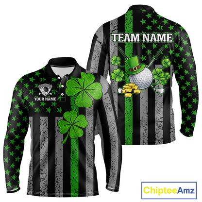 Custom Black Grunge US Flag Patriotic Golf Polo shirts for Men Green Shamrock St Patrick Team Jersey NQS11448