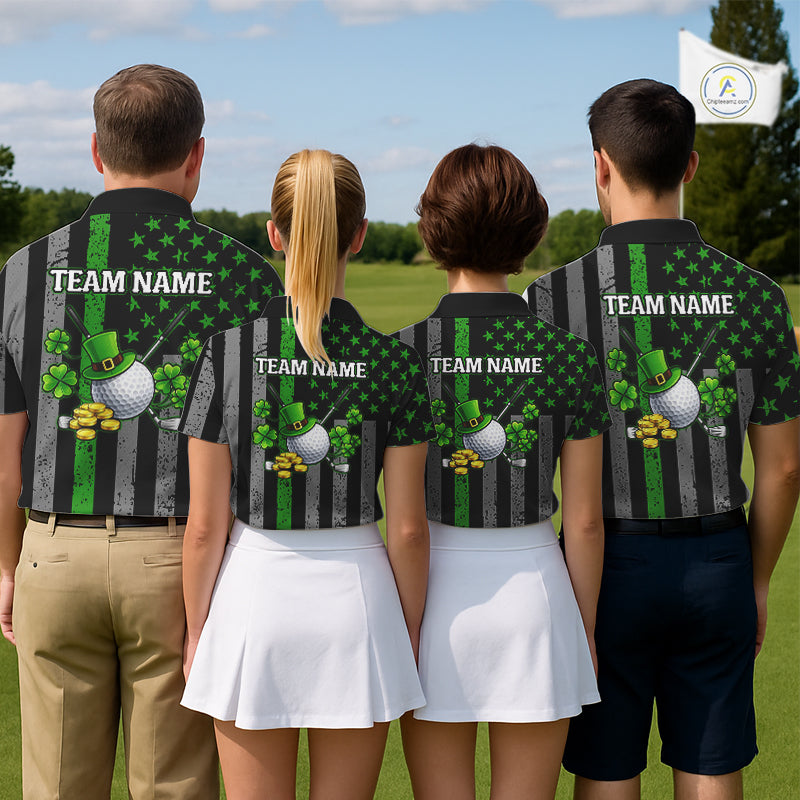 Custom Black Grunge US Flag Patriotic Golf Polo shirts for Men Green Shamrock St Patrick Team Jersey NQS11448