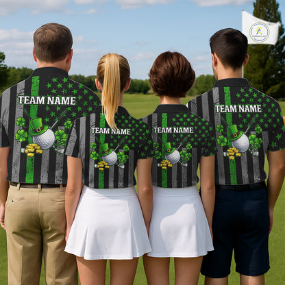 Custom Black Grunge US Flag Patriotic Golf Polo shirts for Men Green Shamrock St Patrick Team Jersey NQS11448