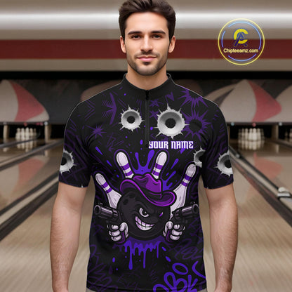 Funny Black and Purple Bowling Cowboy gun Men bowling polo, 1/4 zip shirts Custom bowling team jersey NQS10659
