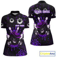 Load image into Gallery viewer, Funny Black &amp; Purple Bowling Cowboy gun Women bowling polo, 1/4 zip shirt Custom bowling team jersey NQS10659