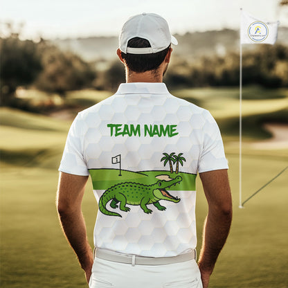 White and Green Funny Alligator Golf Polo Shirts For Men custom mens golf outfit, golfing gifts NQS10886