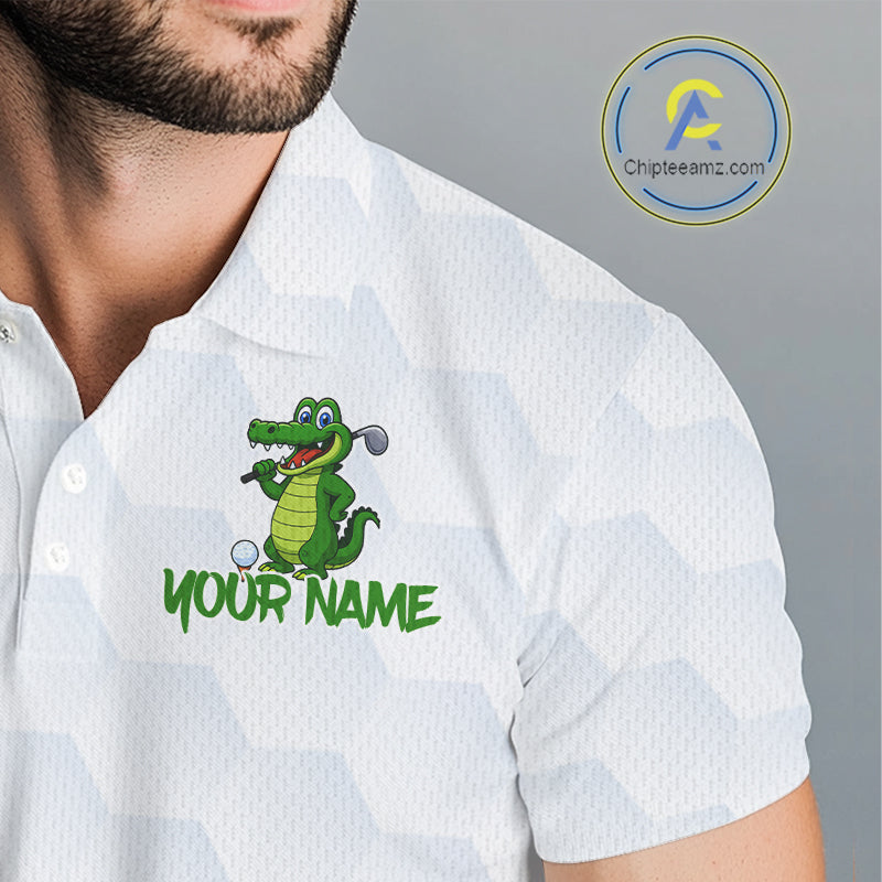 White and Green Funny Alligator Golf Polo Shirts For Men custom mens golf outfit, golfing gifts NQS10886