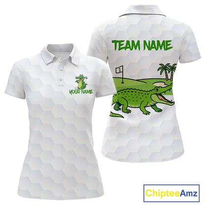 White and Green Funny Alligator Golf Polo Shirts For Women custom ladies golf outfit, golfing gifts NQS10886