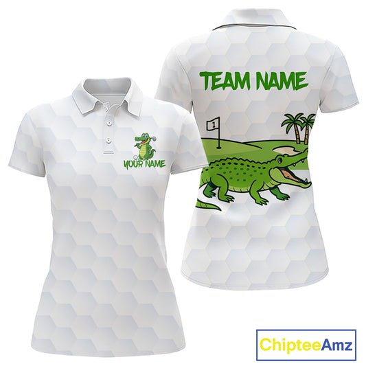White and Green Funny Alligator Golf Polo Shirts For Women custom ladies golf outfit, golfing gifts NQS10886