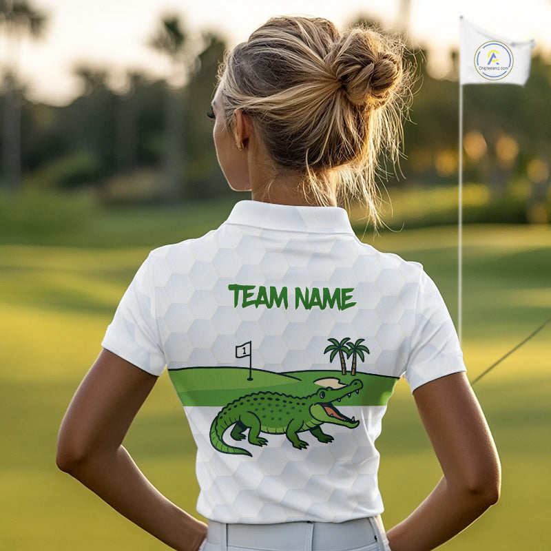 White and Green Funny Alligator Golf Polo Shirts For Women custom ladies golf outfit, golfing gifts NQS10886