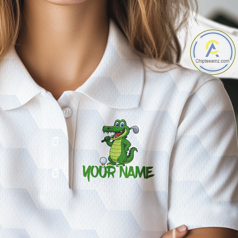 White and Green Funny Alligator Golf Polo Shirts For Women custom ladies golf outfit, golfing gifts NQS10886