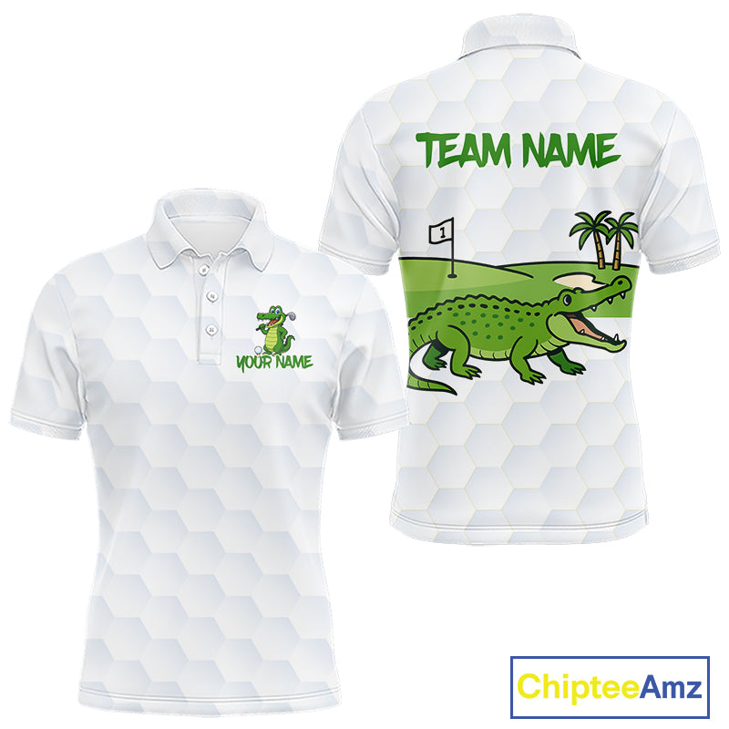 White and Green Funny Alligator Golf Polo Shirts For Men custom mens golf outfit, golfing gifts NQS10886