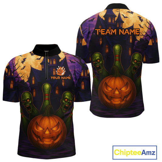 Funny Pumpkin Halloween Bowling Polo, Quarter Zip Shirts For Men Custom Bowling Team Jersey NQS10668