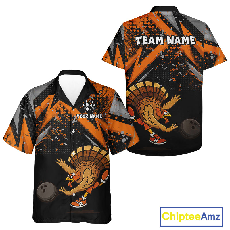 Custom Funny Turkey Bowling Jersey Black & Orange Thanksgiving Bowling Team Hawaiian Shirt NQS10671