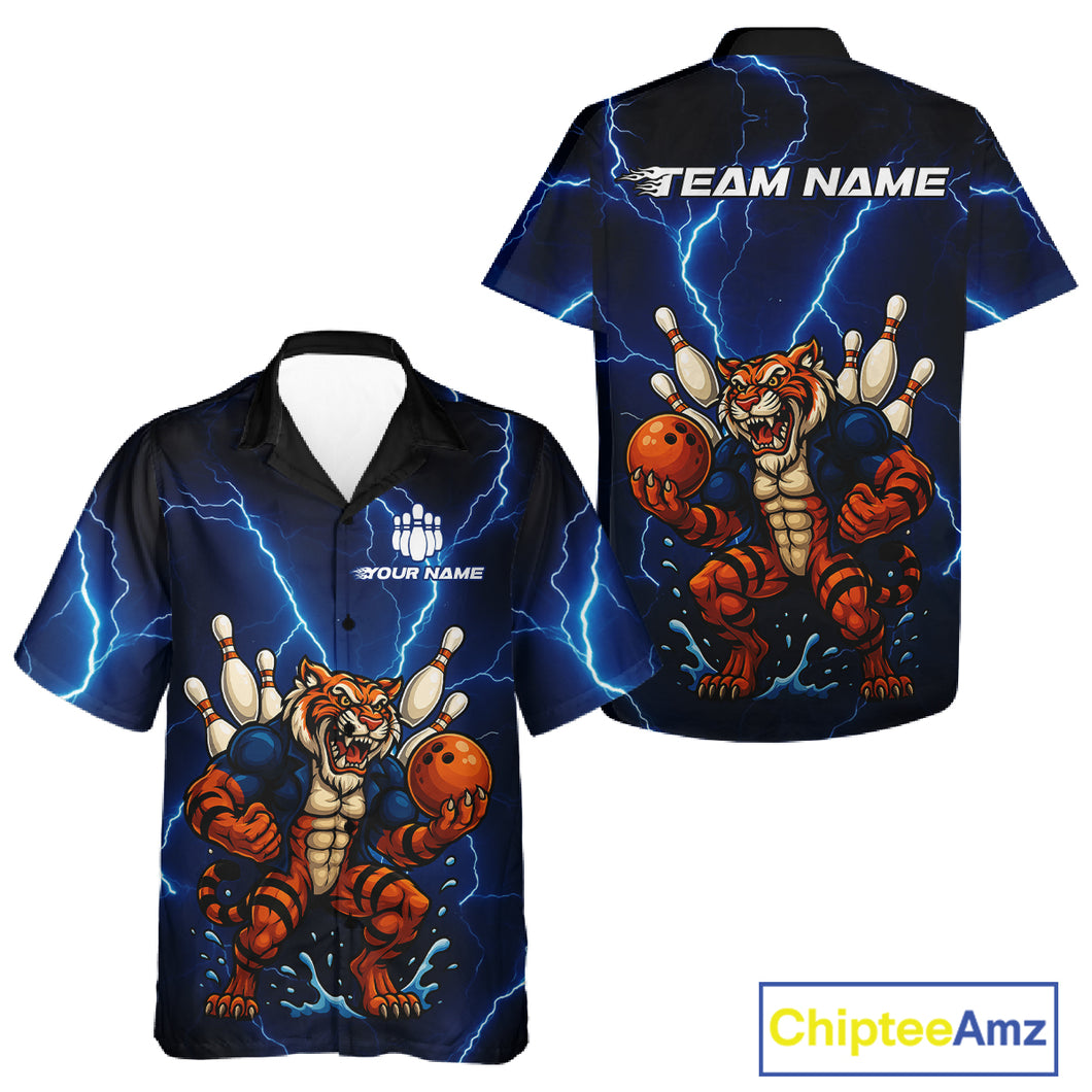 Personalized Tiger Bowling Team Hawaiian Shirts, Blue Lightning Thunder Tiger Bowling Jerseys NQS11062
