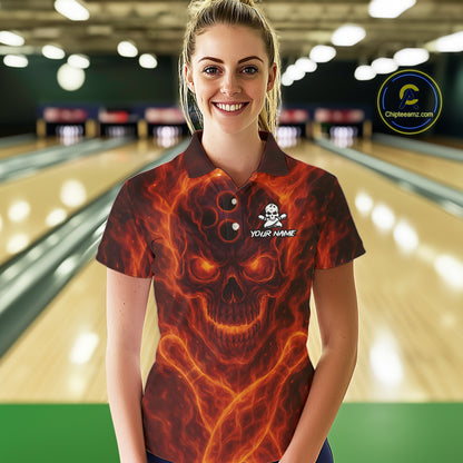 Custom Flame Skull Bowling Polo, Quarter Zip Shirt For Women, Skull Team Bowling League Jerseys NQS10676