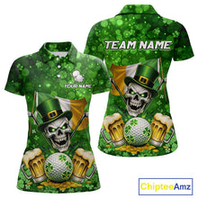 Load image into Gallery viewer, Custom Funny Skull Golf and Beer Ireland Flag Green St Patrick Team Golf Polo shirts for Women NQS11485