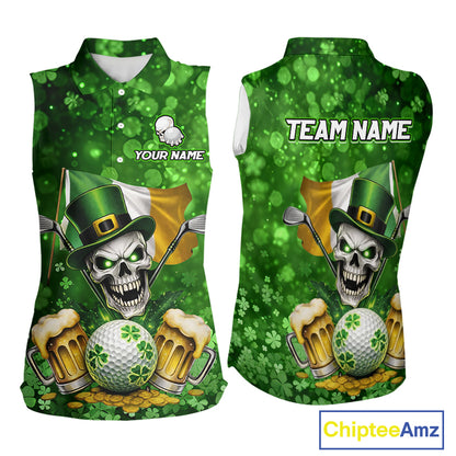 Custom Funny Skull Golf and Beer Ireland Flag Green St Patrick Team Ladies Sleeveless Golf shirts NQS11485