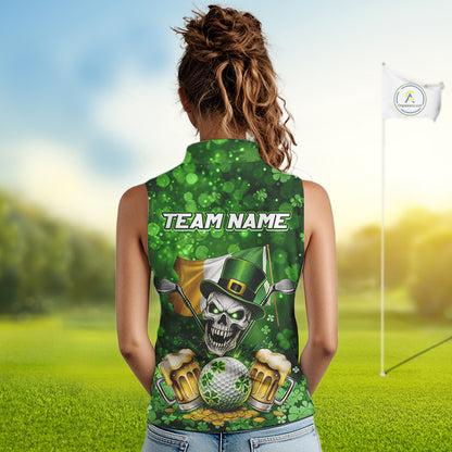 Custom Funny Skull Golf and Beer Ireland Flag Green St Patrick Team Ladies Sleeveless Golf shirts NQS11485