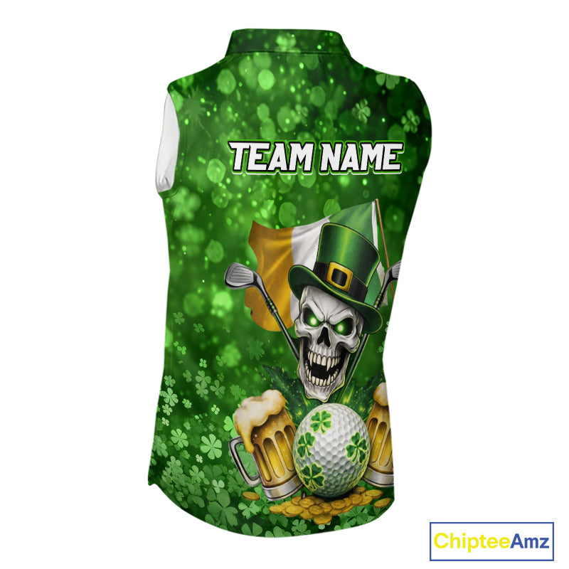 Custom Funny Skull Golf and Beer Ireland Flag Green St Patrick Team Ladies Sleeveless Golf shirts NQS11485