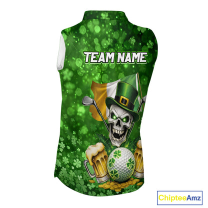 Custom Funny Skull Golf and Beer Ireland Flag Green St Patrick Team Ladies Sleeveless Golf shirts NQS11485