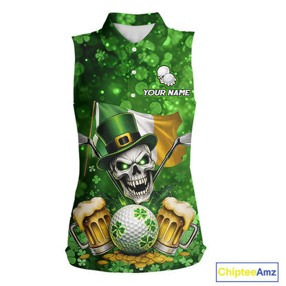 Custom Funny Skull Golf and Beer Ireland Flag Green St Patrick Team Ladies Sleeveless Golf shirts NQS11485