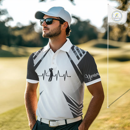 Black & White Golf Heartbeat American Flag Golf Polo Shirts for Men Custom Patriotic mens golf attire NQS11754
