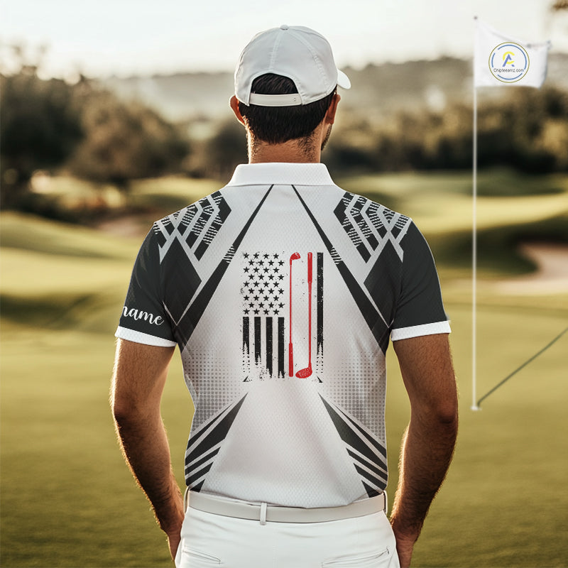 Black & White Golf Heartbeat American Flag Golf Polo Shirts for Men Custom Patriotic mens golf attire NQS11754