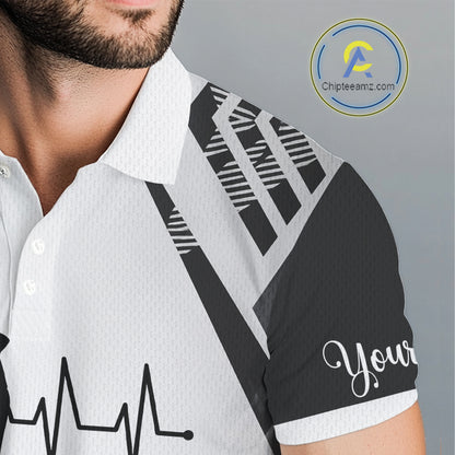 Black & White Golf Heartbeat American Flag Golf Polo Shirts for Men Custom Patriotic mens golf attire NQS11754