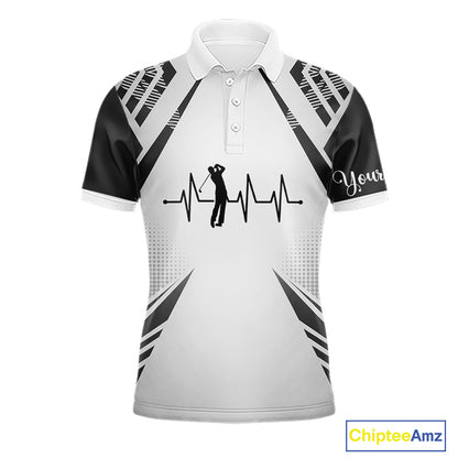 Black & White Golf Heartbeat American Flag Golf Polo Shirts for Men Custom Patriotic mens golf attire NQS11754