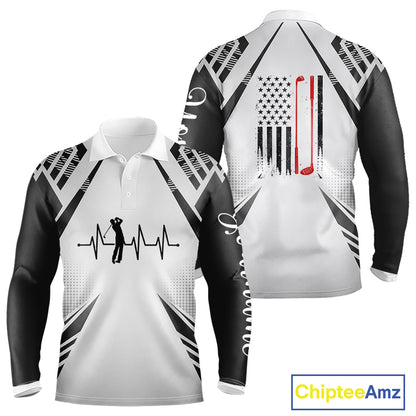 Black & White Golf Heartbeat American Flag Golf Polo Shirts for Men Custom Patriotic mens golf attire NQS11754