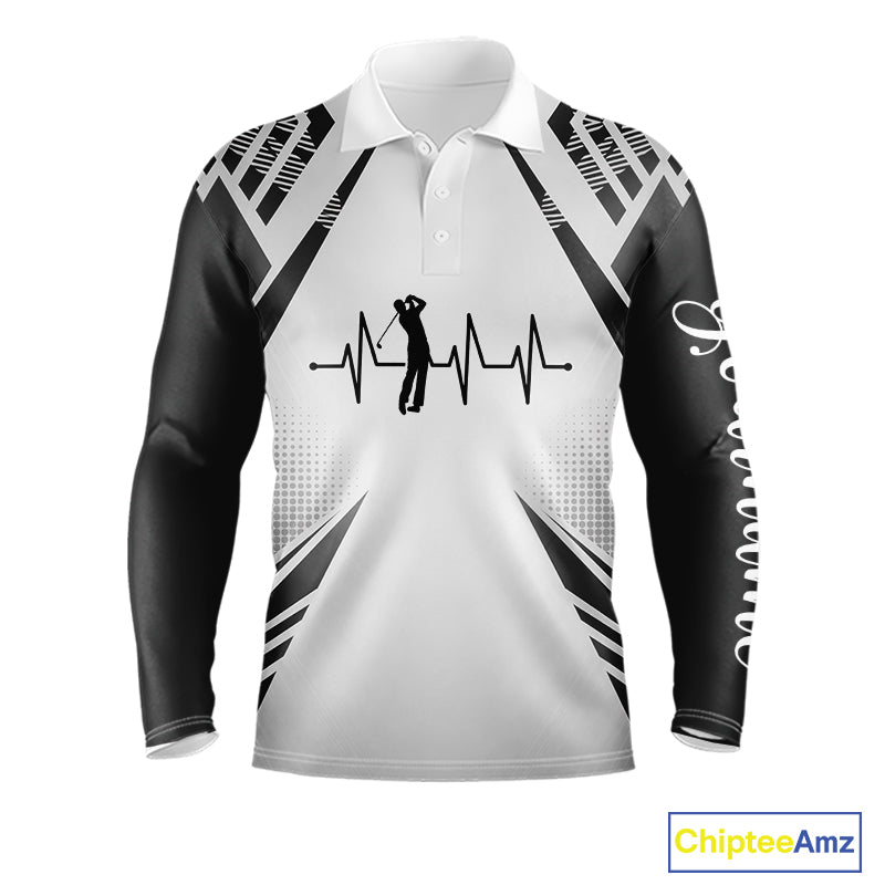 Black & White Golf Heartbeat American Flag Golf Polo Shirts for Men Custom Patriotic mens golf attire NQS11754