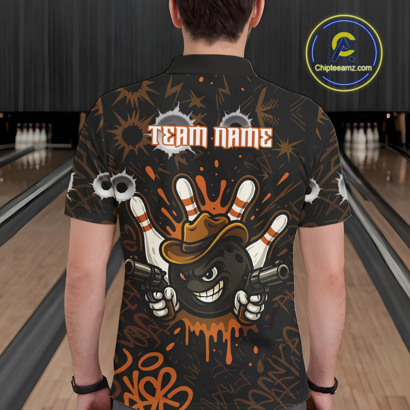 Funny Black and Orange Bowling Cowboy gun Men bowling polo, 1/4 zip shirts Custom bowling team jersey NQS10688