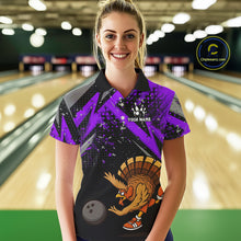 Load image into Gallery viewer, Custom Funny Turkey Bowling Jersey Black &amp; Purple Thanksgiving Bowling Team Women Polo, 1/4 Zip Shirt NQS10901