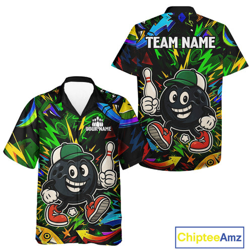 Green graffiti pattern Funny Bowling Hawaiian shirt custom Bowling team button up shirt NQS11079