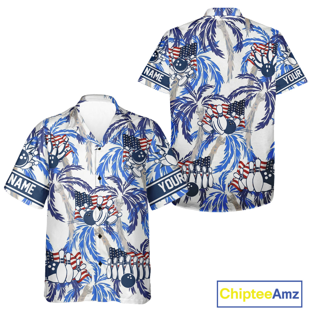 Blue Palm tropical pattern American Flag Bowling Hawaiian shirt custom bowling team button up shirt NQS11097