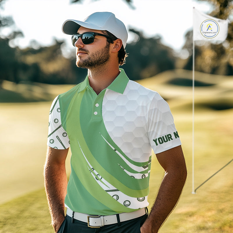 White and Green Golf pattern polo golf shirt for men Custom men's golf outfit, unique golf gifts NQS11107