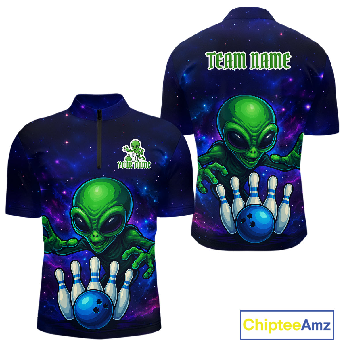 Funny Galaxy Alien Bowling Polo, 1/4 Zip Shirt For Men Custom Bowling Team Outfit, Gift For Bowler NQS10729