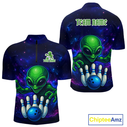 Funny Galaxy Alien Bowling Polo, 1/4 Zip Shirt For Men Custom Bowling Team Outfit, Gift For Bowler NQS10729