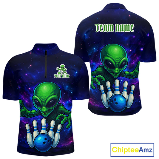 Funny Galaxy Alien Bowling Polo, 1/4 Zip Shirt For Men Custom Bowling Team Outfit, Gift For Bowler NQS10729