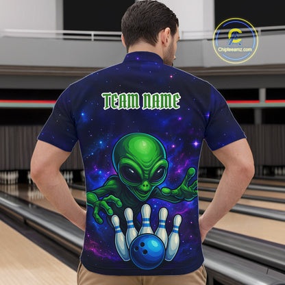 Funny Galaxy Alien Bowling Polo, 1/4 Zip Shirt For Men Custom Bowling Team Outfit, Gift For Bowler NQS10729